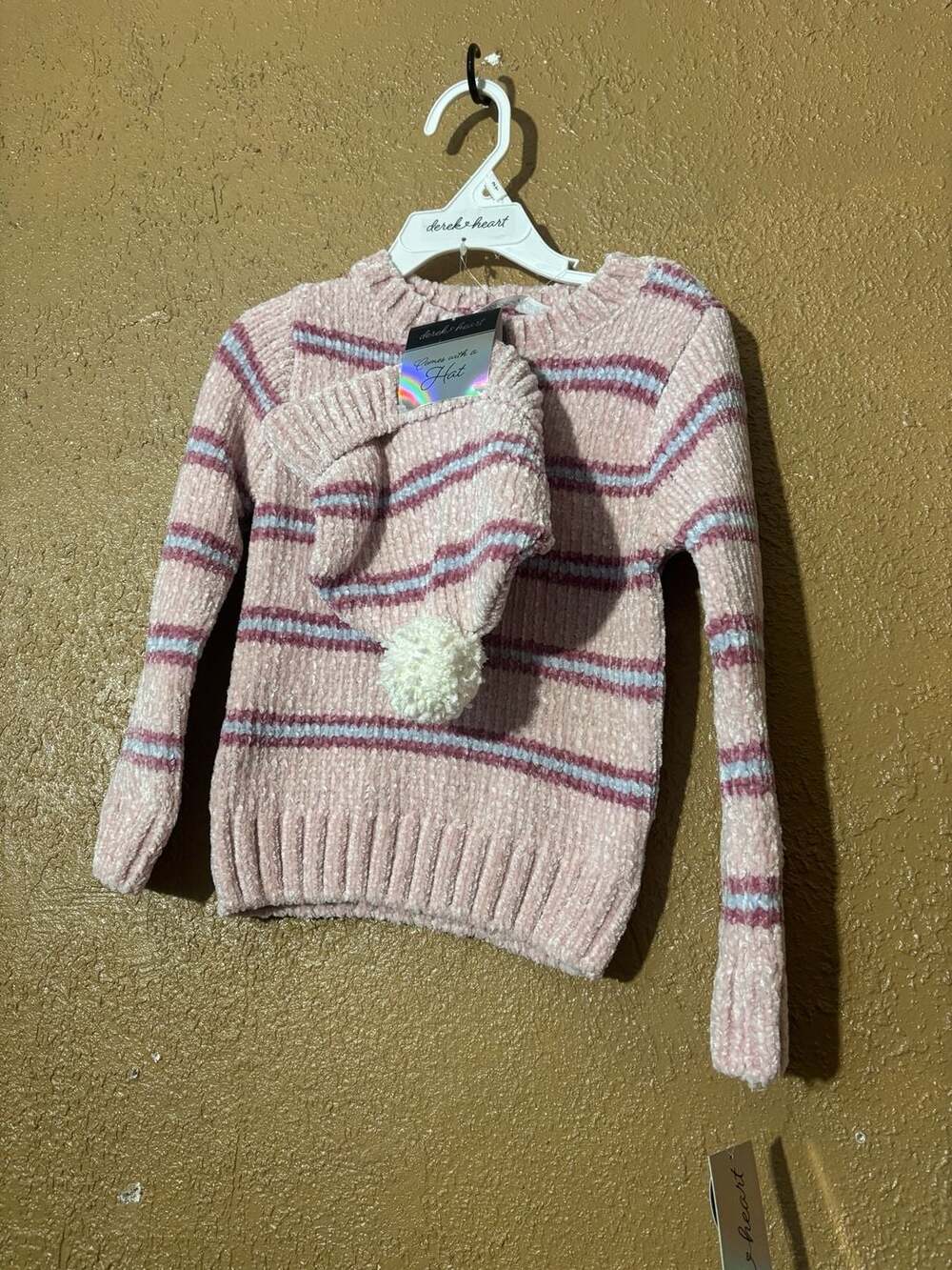 Derek Heart Girls 2T Pink Striped Chenille Sweater and Hat Set